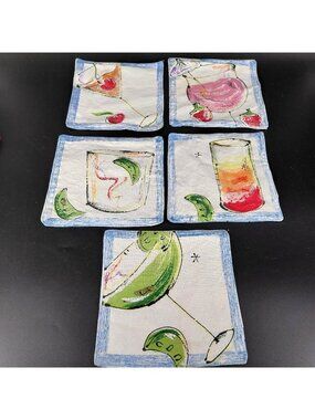 Crate & Barrel Drinks Coasters Set Of 5 Cloth Cocktail Art Square 6x6 Bar Table